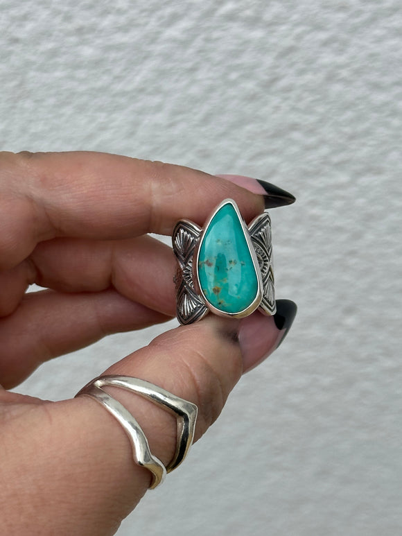 Heavy Stamped Scalloped Turquoise Ring Size L