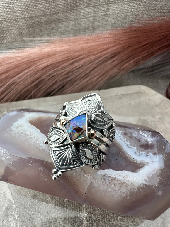 Australian Opal Empress Lotus Crown Ring Size U